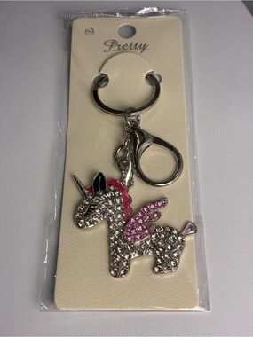 Rhinestone Unicorn Keychain Sparkly Pink & Silver Purse Charm